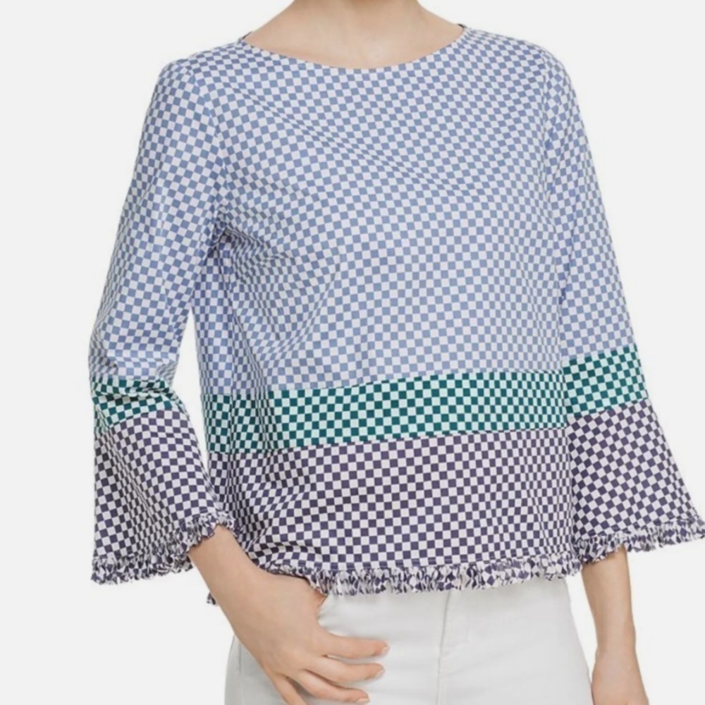 Tuckernuck Marella Damie Fringe Trim Button Back Checkerboard Top